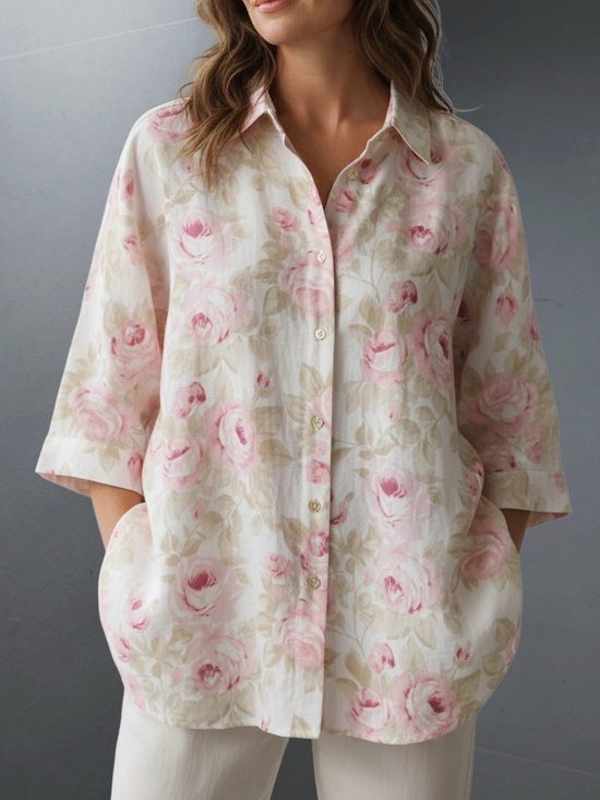 Hester & Orchard Tops - Hester & Orchard Flora Pink Linen Blend Button-Front Women's Top Blouse Size L
